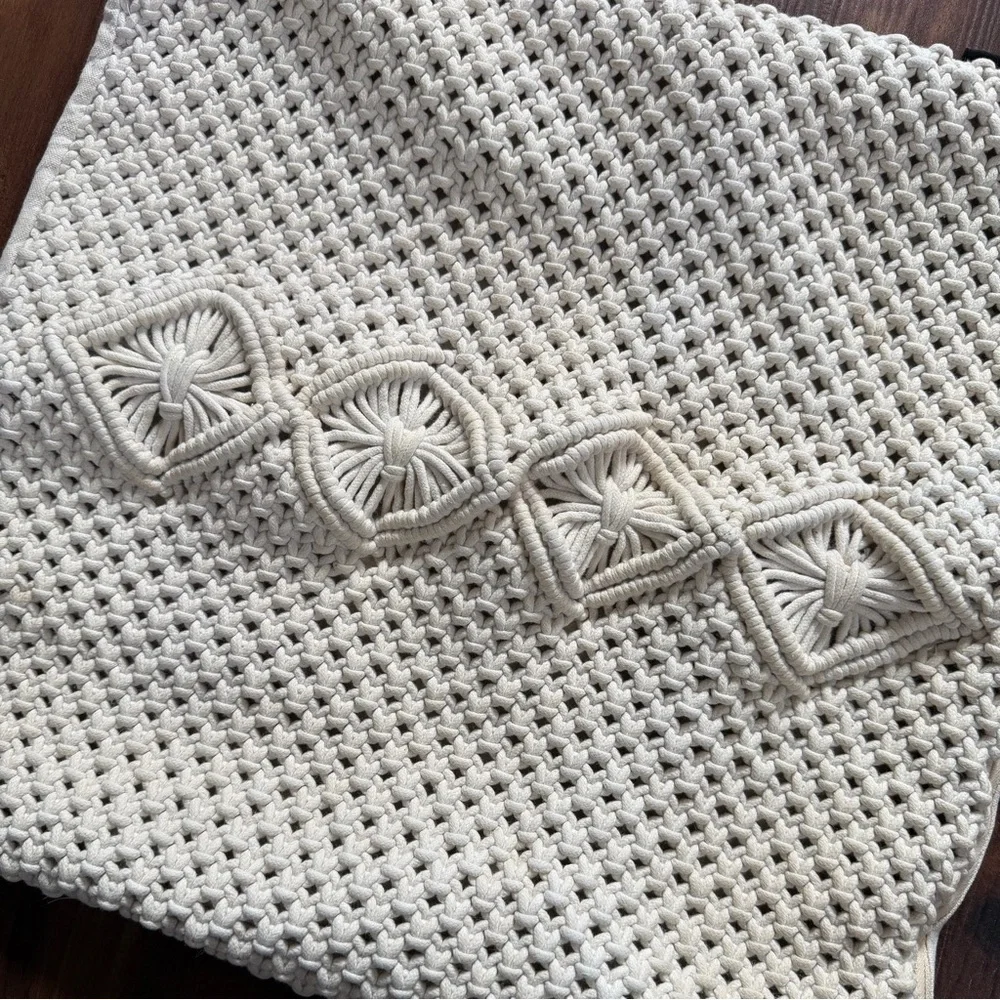 Tahari Home Macrame Pillow Cover Cream 17x17 Boho Textured Diamond Knot Cushion
